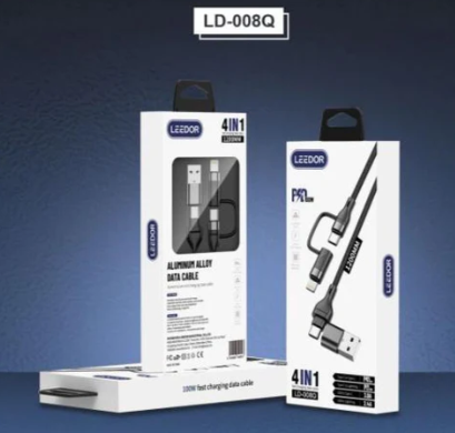 LEEDOR LD-008Q 4-in-1 Fast Charging data Cable - 100W / 1.2 Meter / USB-C / Lightning / USB-A - Black