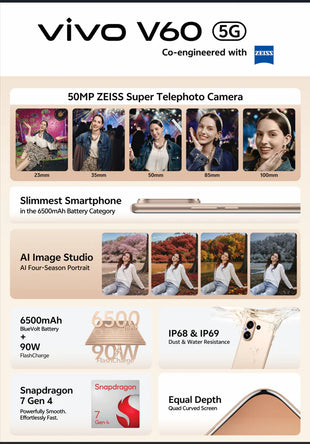 Vivo V60 Smartphone (256GB ROM, 12GB RAM) - Gold | 6.78" AMOLED Display | 50MP Camera | 5000 mAh Battery