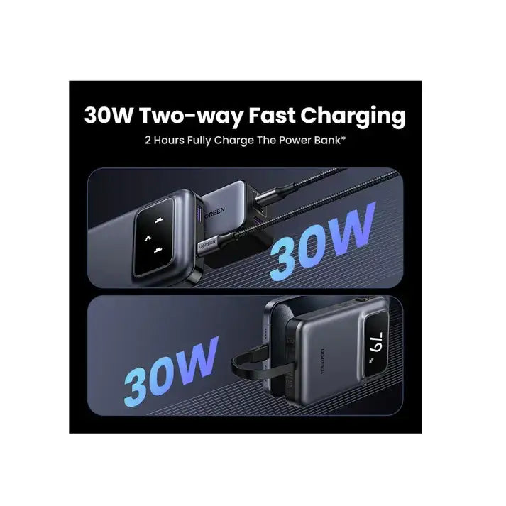 UGREEN Uno 10000mAh 30W Power Bank with Built-in Cable -Black PB511