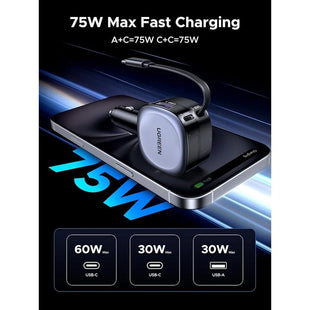 UGREEN 75W Fast Car Charger with Retractable Cable Type C (Space Grey) EC601