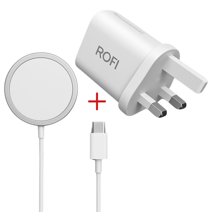 محول طاقة قابس شحن ROFI 20 وات من النوع C + شاحن ROFI اللاسلكي المغناطيسي من النوع C - أبيض 