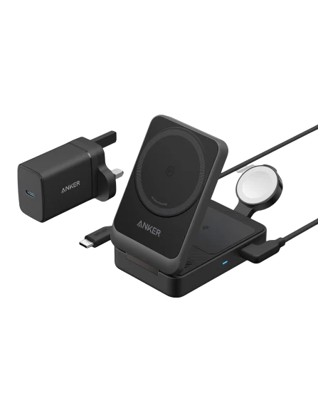 Anker MagGo Wireless Charging Station (15W, Foldable 3-in-1) -Black