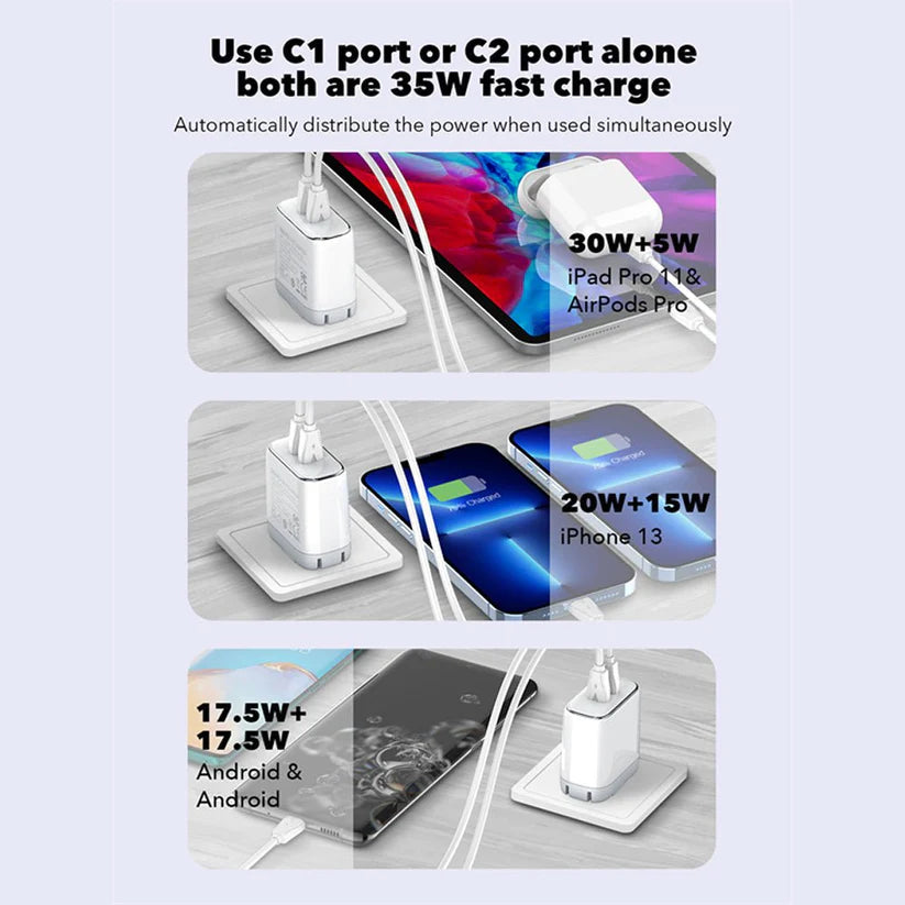 LDNIO Dual Super Fast Charging Adaptor with Cable - 35W / USB-C / White