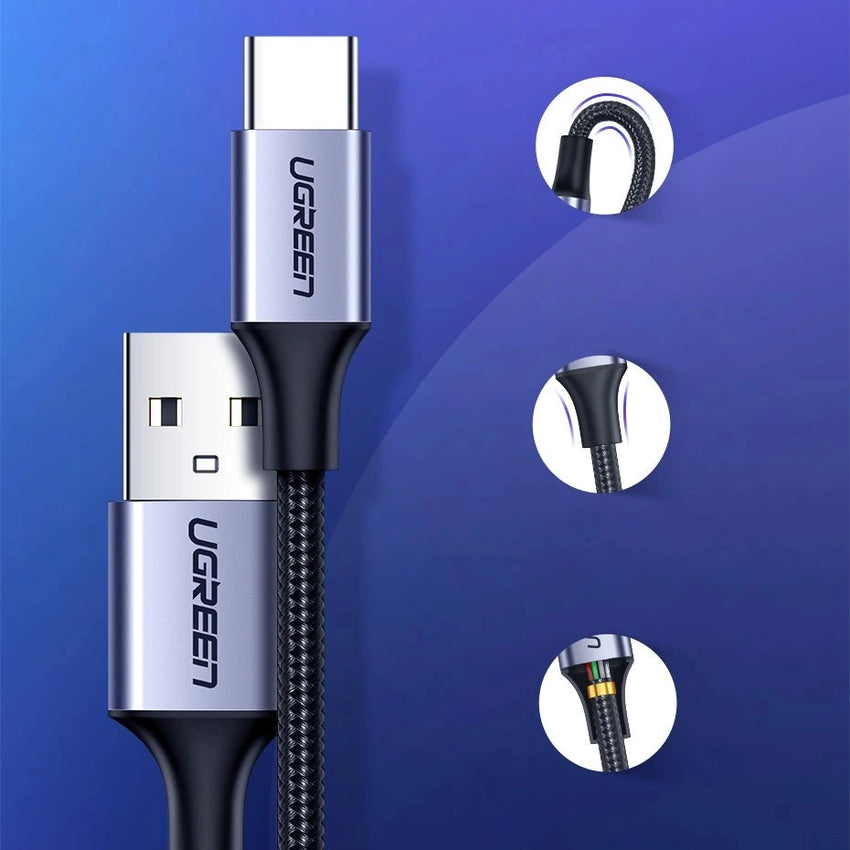 UGREEN USB-A 2.0 to USB-C Cable Nickel Plating Aluminum Braid 1.5m (Black) 18W US288