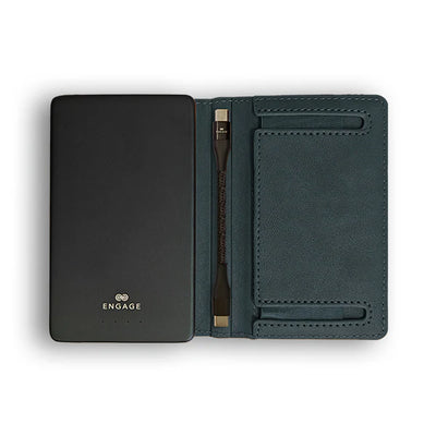 ENGAGE 5000mAh Magnetic Wireless Power Bank & RFID Blocking Wallet Case for iPhone 12-15 Series (Blue) - Portable Charger with MagSafe Compatibility