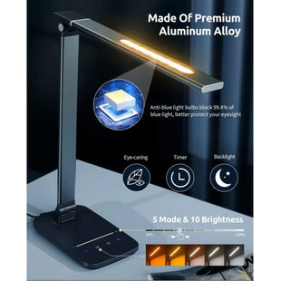 LITOM LED Desk Lamp  Eye-Caring Desk Light with Up & Down Lightening Design, 10 Brightness, 5 Color Mode, Anti-Blue Light Bulb, USB Charging Port, 1H Timer for Reading, Work, Study, Home Office 14W