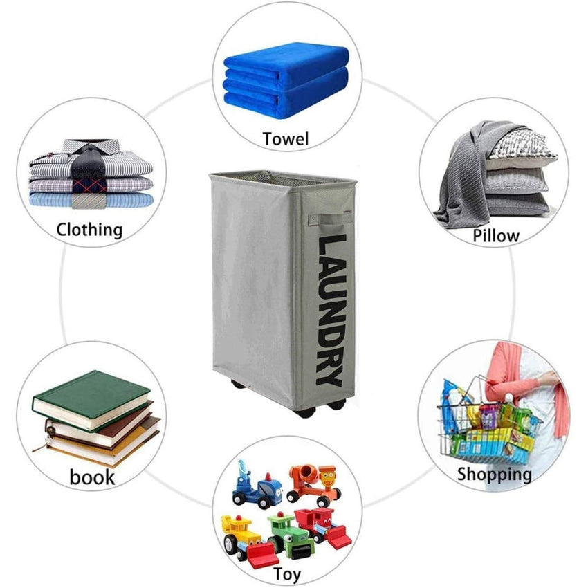 Skykey Foldable Rolling Laundry Basket Light Grey Waterproof Sorter On Wheels Tall Dirty Clothes Hamper - Laundry Basket One-Grid-Light Grey