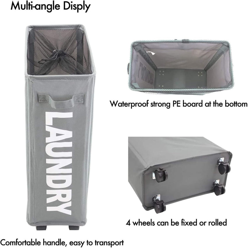 Skykey Foldable Rolling Laundry Basket Light Grey Waterproof Sorter On Wheels Tall Dirty Clothes Hamper - Laundry Basket One-Grid-Light Grey