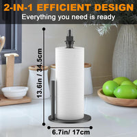 Skykey Paper Towel Holder With Spray Bottle Center 2-in-1 Tension Arm Non-Slip Weighted Base Countertop Black For Kitchen and Bathroom - PTH-2-1 Black