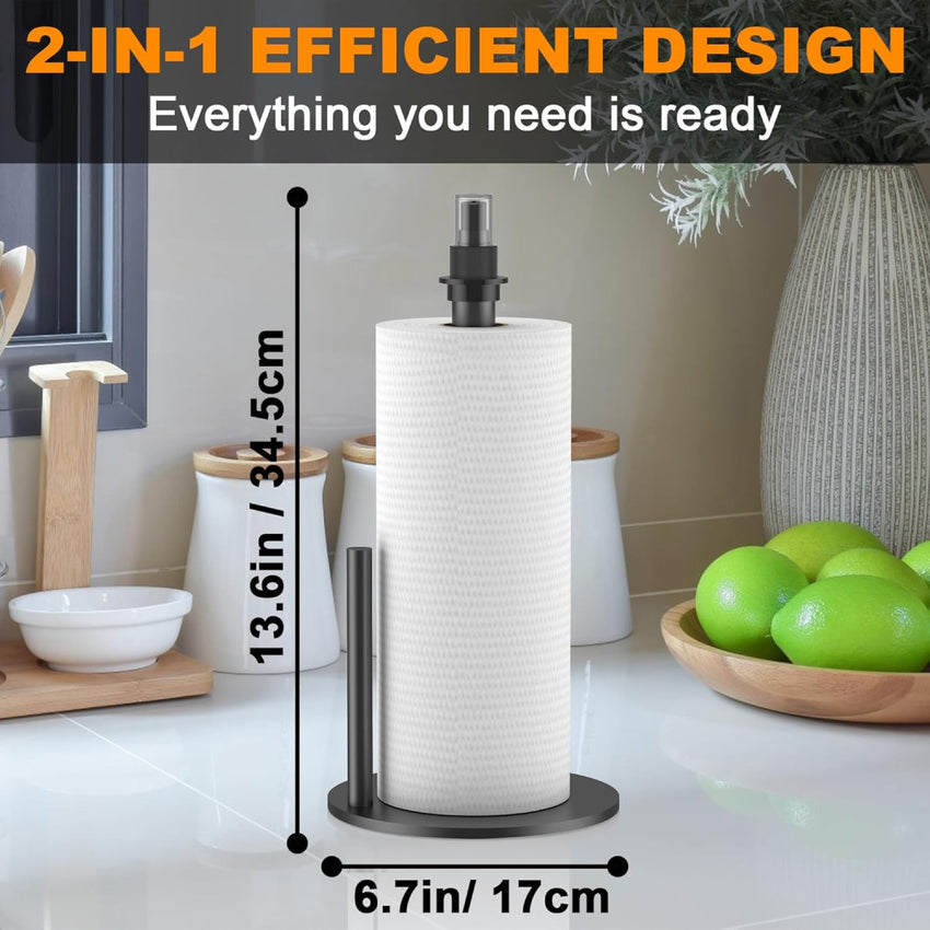 Skykey Paper Towel Holder With Spray Bottle Center 2-in-1 Tension Arm Non-Slip Weighted Base Countertop Black For Kitchen and Bathroom - PTH-2-1 Black