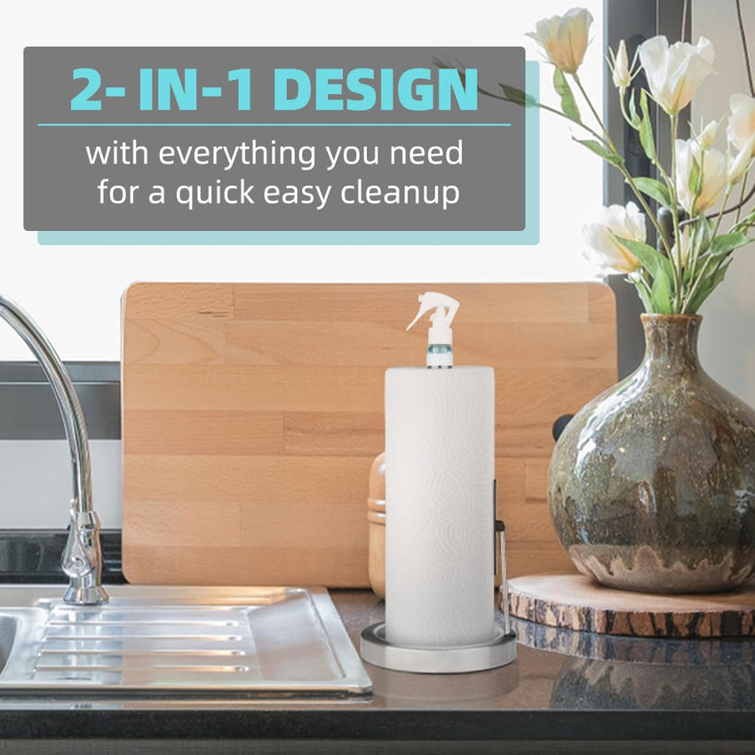 Skykey Paper Towel Holder With Spray Bottle Center 2-in-1 Tension Arm Non-Slip Weighted Base Countertop Stainless Steel For Kitchen and Bathroom - PTH-2-1 Stainless Steel