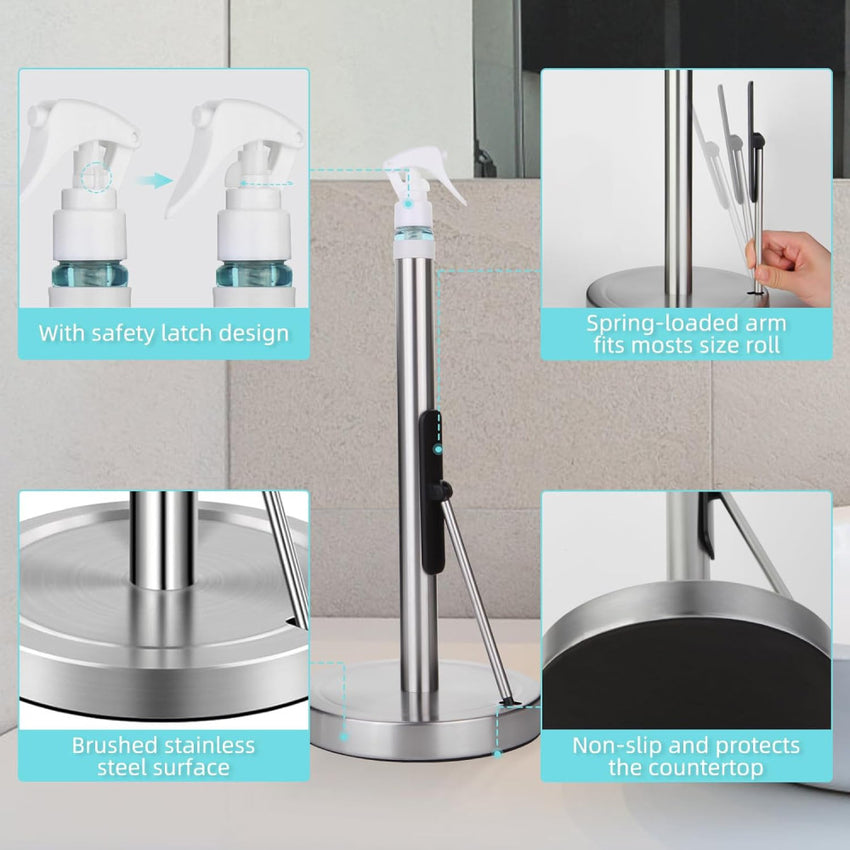 Skykey Paper Towel Holder With Spray Bottle Center 2-in-1 Tension Arm Non-Slip Weighted Base Countertop Stainless Steel For Kitchen and Bathroom - PTH-2-1 Stainless Steel
