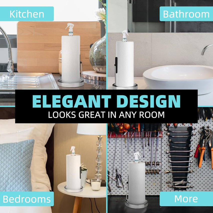 Skykey Paper Towel Holder With Spray Bottle Center 2-in-1 Tension Arm Non-Slip Weighted Base Countertop Stainless Steel For Kitchen and Bathroom - PTH-2-1 Stainless Steel